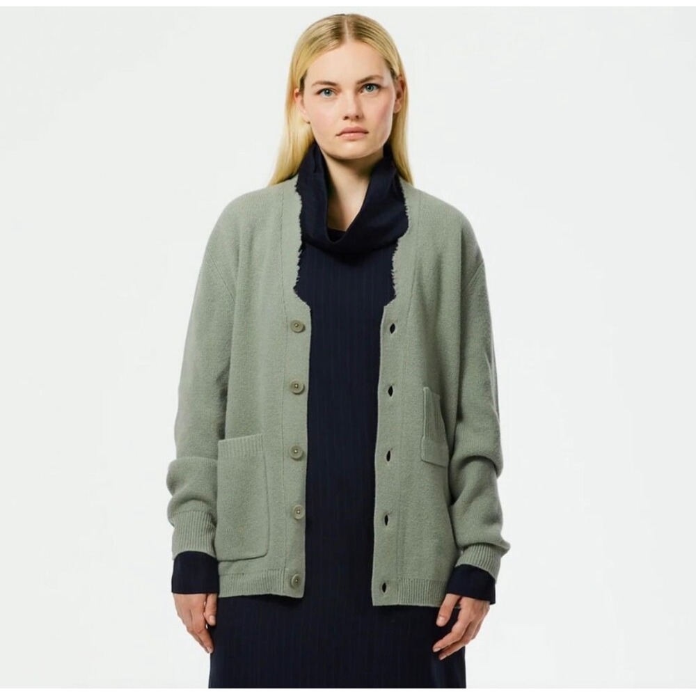 Tibi 100% Lambswool Distressed Cardigan Sweater XXS Pale Olive Patch Pocket